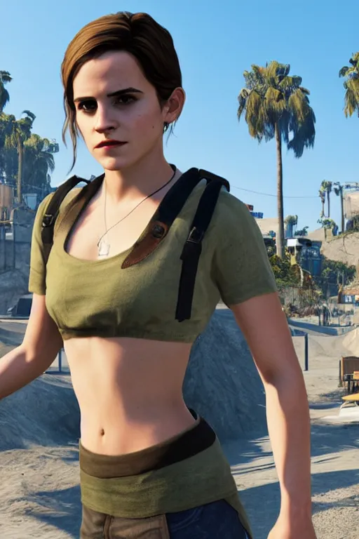 Image similar to Emma Watson as a GTA V NPC in vespucci beach, in game capture. 3D Render.