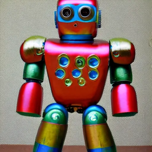 Image similar to japanese tin toy robot, 1 9 6 0, metal, windup, colorful, photograph, brightly painted, highly detailed