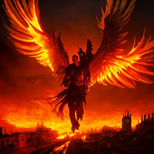 Image similar to Phoenix in fire flying through a medieval town by night, buildings in fire, dark, destruction, post-apocalyptic, DnD character, unreal engine, octane render, dramatic lighting, pond, digital art, by Stanley Artgerm Lau, greg rutkowski, thomas kindkade, alphonse mucha, loish, norman Rockwell