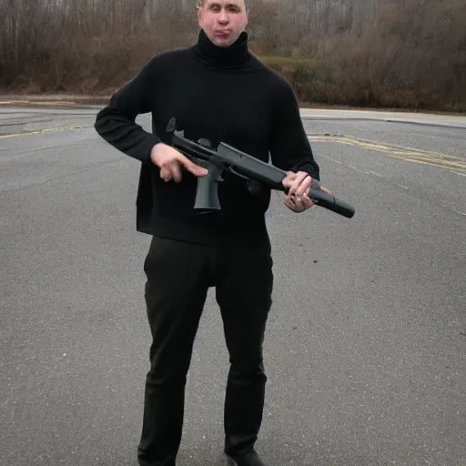 Image similar to A man in a black turtleneck sweater pointing a gun equipped with a suppressor