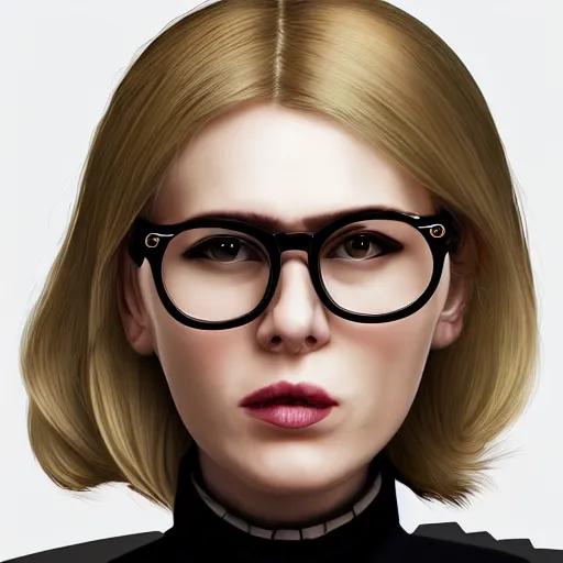 Image similar to a severe middle aged french woman with blonde hair tied in a strict bun, spectacles, lots of makeup, rich, character portrait, digital art, high quality, 8 k, detailed, d & d character,