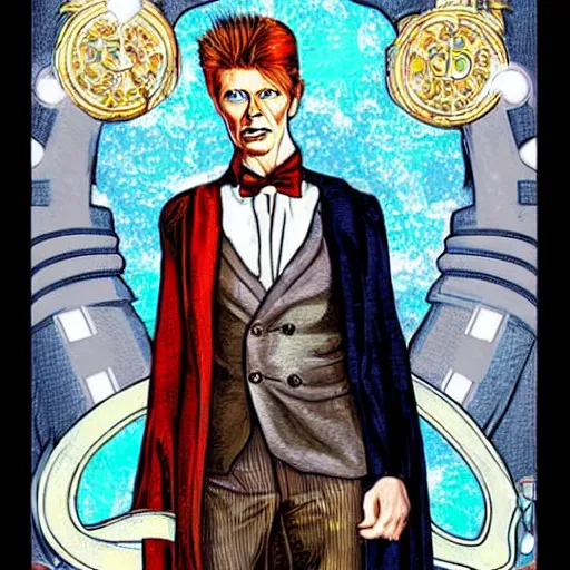 Image similar to david bowie as dr who, mucha style,