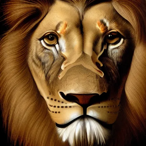 Image similar to Intricate five star Lion facial portrait by Leonardo da vinci , oil on canvas, photo realistic, hyperrealism high detail, matte finish, high contrast, 3d depth, masterpiece, vivid colors, artstationhd