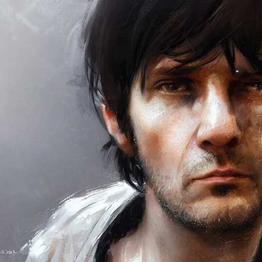 Image similar to Portrait of a man by Greg Rutkowski, he is about 40 years old, short black hair with bangs, his features are a mix between French, Turkish and Russian, expression of helplessness, sadness and resentment, he is wearing a futuristic tactical gear, highly detailed portrait, digital painting, artstation, concept art, smooth, sharp foccus ilustration, Artstation HQ.