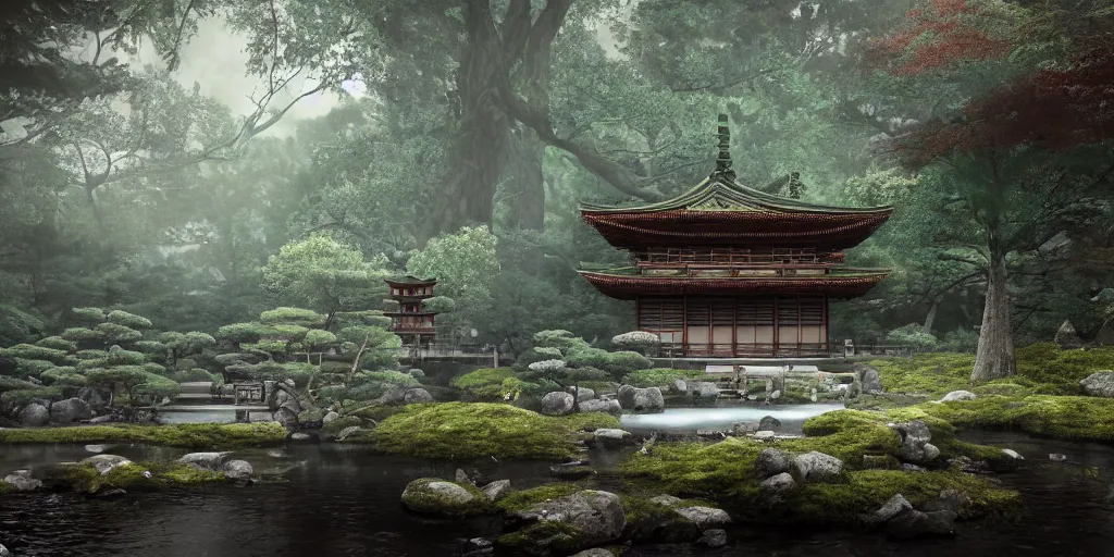 Image similar to a ancient japanese temple in the middle of a forest mear a small river, extremely highly detailed, high quality, 8K HDR, octane render, unreal engine 5, hyperrealistic, concept art, trending on Artstation, dramatic lighting, cinematic, high coherence, path tracing, ruins, clouds in the sky, singular building, centered