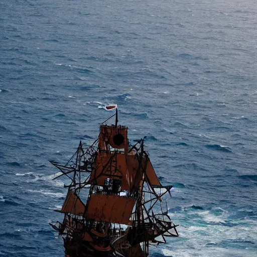 Prompt: A robot navigating an old pirate ship on the ocean