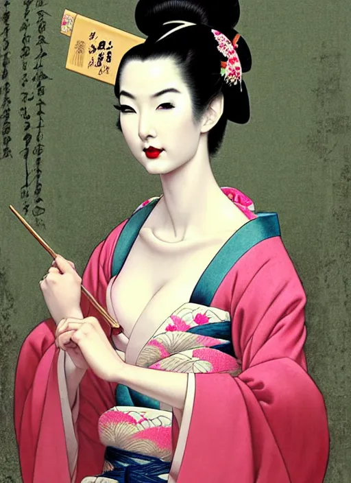 Prompt: glamorous and sexy Geisha portrait in an ancient japanese temple, beautiful pale makeup, pearlescent skin, seductive eyes and face, elegant, lacivious pose, very detailed face, highly detailed kimono, ancient japanese temple on the background, photorealism, a portrait by artgerm, rossdraws, Norman Rockwell, magali villeneuve, Gil Elvgren, Alberto Vargas, Earl Moran, Enoch Bolles, lino print