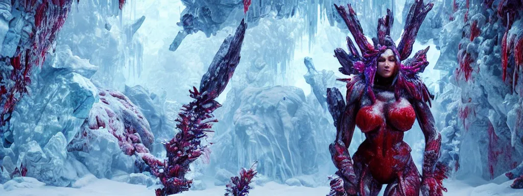 Image similar to muscular frosty warrior woman made of ice, walking in a dense alien snow covered frosty jungle, with snow covered colourful red, blue and purple plants, large vines, snow covered arched organic rock structures, in the style of monster hunter world, like concept art on artstation, hyperdetailed, vray render, octane render,