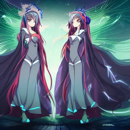 Image similar to two identical beautiful female wizards standing face to face, gorgeous anime art