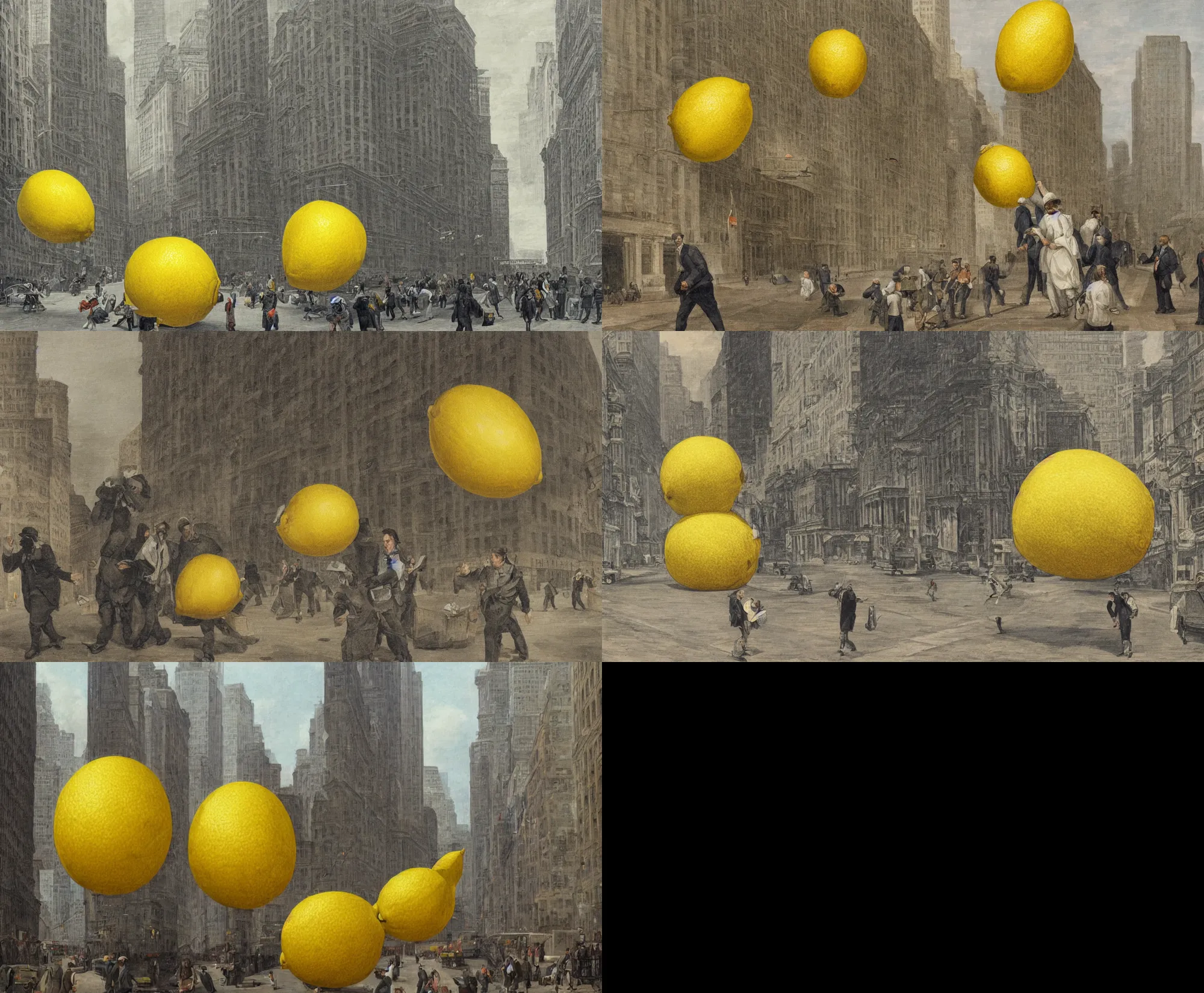 Prompt: A giant lemon rolling down the Wall Street , high detail