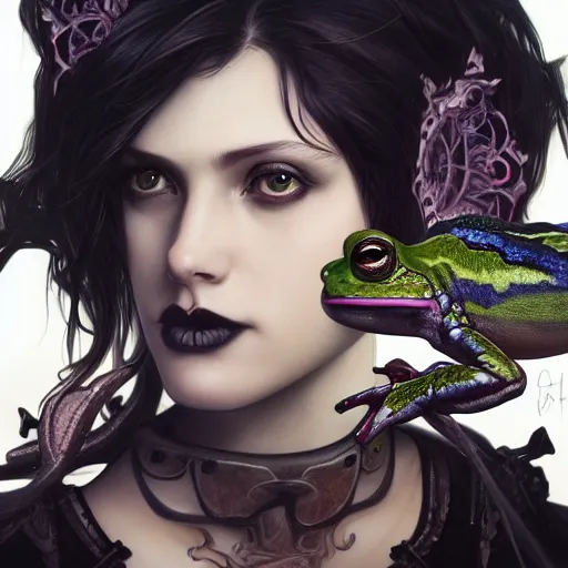 Image similar to attractive goth woman with a frog, intricate, highly detailed, digital painting, artstation, concept art, smooth, sharp focus, illustration, unreal engine 5, 8 k, art by artgerm and greg rutkowski and alphonse mucha