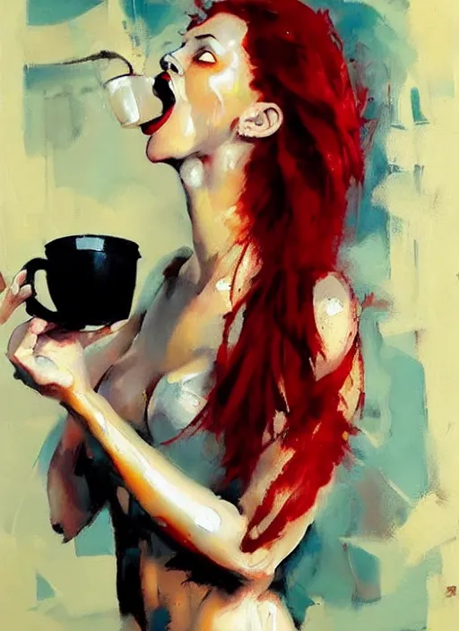 Prompt: red haired woman holding coffee, septum piercing, spilling liquid, enraged, painting by phil hale, 'action lines'!!!, graphic style, visible brushstrokes, motion blur, blurry