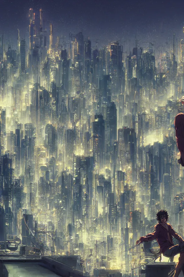 Image similar to a curly - haired persian guy wearing golden shades reflecting a cityscape against a cyberpunk city backdrop by makoto shinkai, masamune shirow and jean giraud