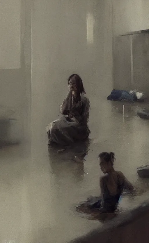 Prompt: “ cinematic composition of a woman sitting in a flooded apartment by zhaoming wu, nick alm, bernie fuchs, hollis dunlap, gregory manchess, james gurney, craig mullins, sparth, octane render ”