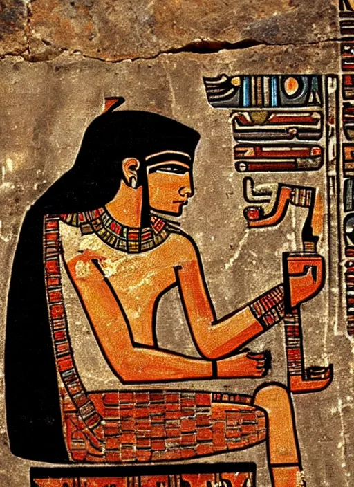 Image similar to ancient egypt painting of man using computer, 4 k, high quality, sharp fucos