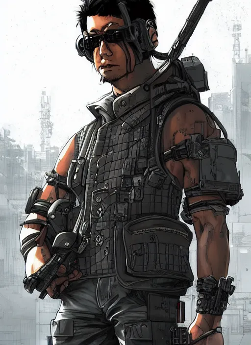 Image similar to Dangerous Mio. buff Japanese cyberpunk mercenary wearing a cyberpunk tactical headset and military vest. Attractive face. Realistic Proportions. Concept art by James Gurney and Laurie Greasley. Moody Industrial skyline. ArtstationHQ. Creative character design for cyberpunk 2077.