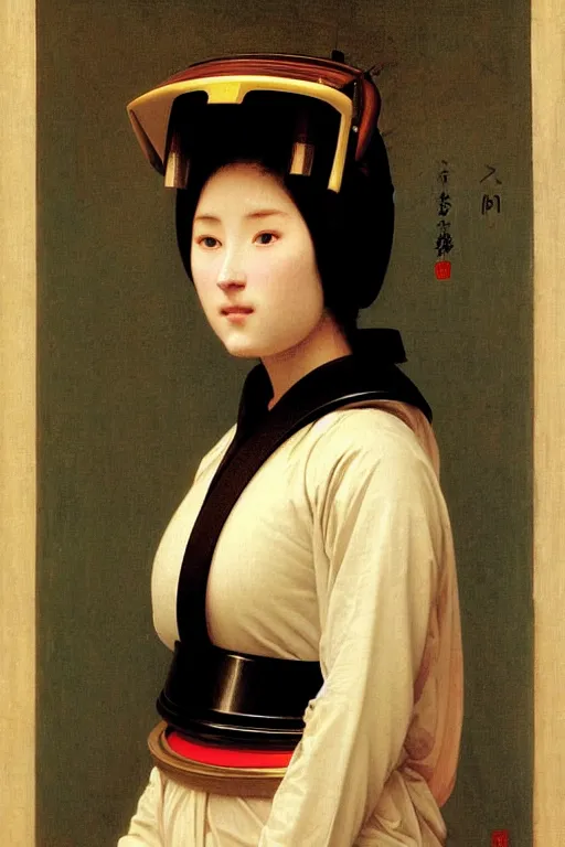 Prompt: portrait of an ancient human species women in samurai astronaut helmets, by bouguereau