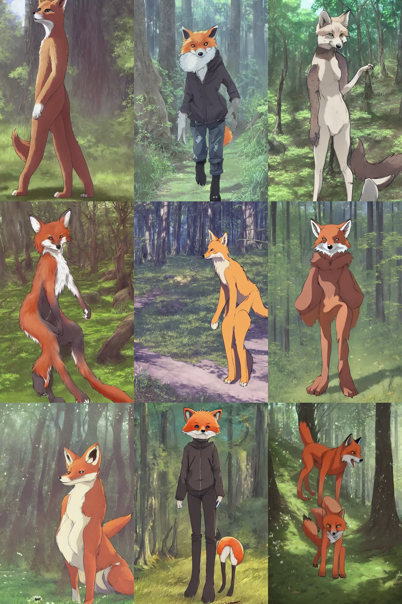 Prompt: furry!!!! art, anthro digitigrade!!!! natural - colored ( ( fox ) ) with black paws, walking upright in a forest, fursona commission, extremely detailed, anime!!!! key visual, pixiv, makoto shinkai, hibbary, dark natasha, goldenwolf, furaffinity, portrait