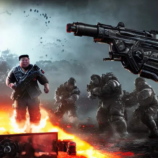 Image similar to kim - jong un in gears of war, splash art, movie still, detailed face, cinematic lighting, dramatic, octane render, long lens, shallow depth of field, bokeh, anamorphic lens flare, 8 k, hyper detailed, 3 5 mm film grain