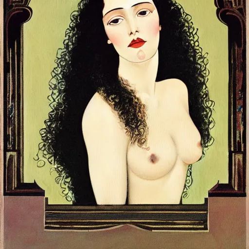 Image similar to oil painting of a portrait of a Queen dark curly hair, fair skin, by Patrick Nagel, by Georgia O Keeffe, by Gustave Moreau, art deco, matte drawing, storybook illustration, tonalism, realism