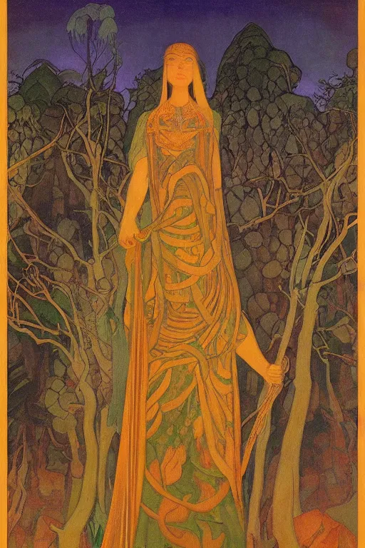 Prompt: lost queen of the forest with her scepter, by Nicholas Roerich and jean delville and Maxfield Parrish, dramatic cinematic lighting , ornate headdress , lost civilizations, extremely detailed