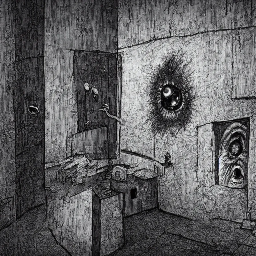 Image similar to an intelligent room that is aware of everything inside it, the room has eyes, appendages, and a mouth. there are scared prisoners inside the intelligent room