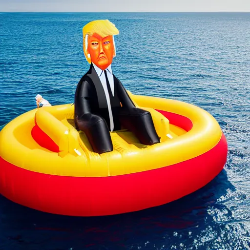 Image similar to large inflatable Donald Trump styled boat off the coast, dslr photo, telephoto lens, 80mm