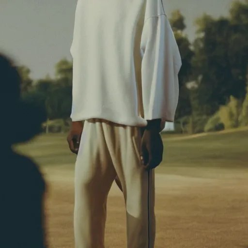 Prompt: A photoshoot of a Yeezy x Golf Le Fleur collaborative clothing brand, vintage camera, dreamy, atmospheric, golden hour, cinematic lighting, 8K concept art, UHD realistic faces