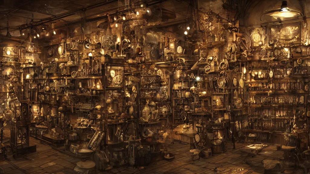 Prompt: A steampunk store, by Lee Fitzgerald, ultra detailed displays of weapons and clockwork machinations densely packed on shelves, volumetric lighting, 8k, unreal engine, trending on artstation