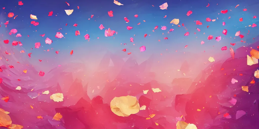 Image similar to background art of spaciously scattered flower petals flowing and floating through the blowing swirling directional wind from left to right on a simple sunset background, large individual rose petals, angular background elements, polygonal fragments, anime, artgerm, manga, trending on artstation, art nouveau, mature color scheme