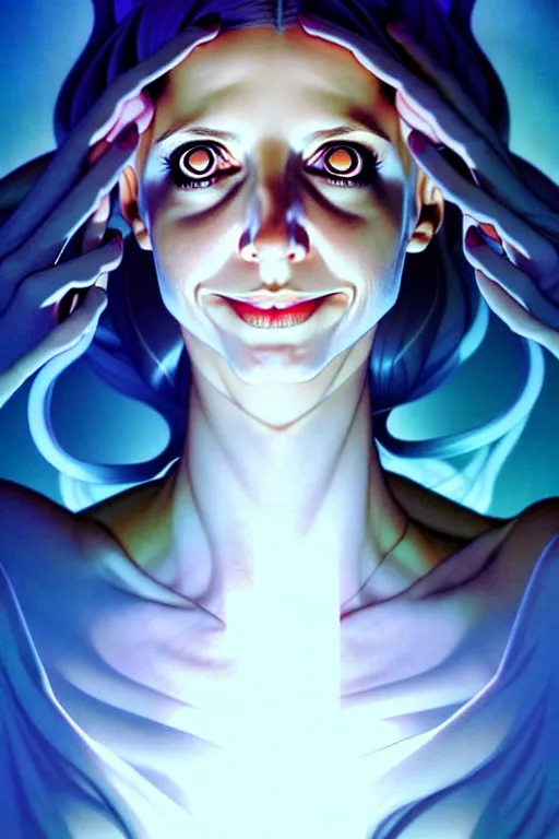 Image similar to artgerm, joshua middleton comic cover art, pretty ghost sarah michelle gellar entire full body, floating, creepy smile, white dress, friendly, translucent skin, symmetrical eyes, symmetrical face, long white hair, inside haunted house