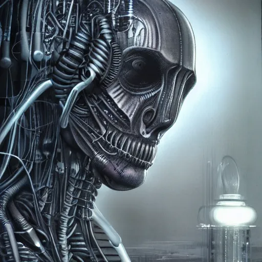 Prompt: a man being born from a machine, dystopian, high tech, biopunk, by H.R. Giger, trending on artstation, high detail