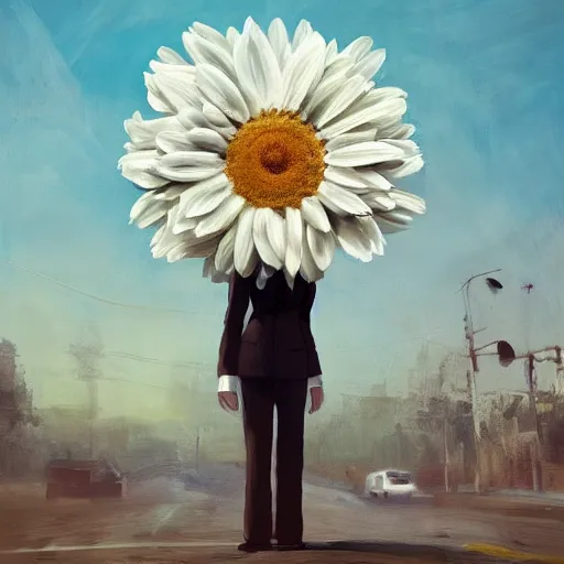 Prompt: giant white daisy flower head, frontal, girl in a suit, standing in street, surreal photography, sunrise, dramatic light, impressionist painting, digital painting, artstation, simon stalenhag