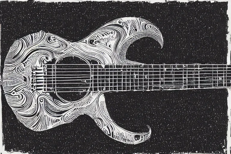 Image similar to technical drawing of a guitar, black ink on textured paper, high detail, sketch, intricate, art by Joe Fenton and syd mead