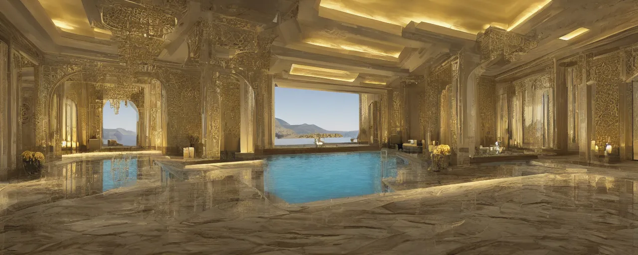 Image similar to 3 d render of a cinematic interior of a triple height hyper luxury spa with everything made of gold, candles, windows with view to desert mountains and river, beige stone marble floor with reflection, small wellness relaxation pool, potted plants, intricate hieroglyph detailed roof, contemporary design, fractal sacred geometry, 8 k, hyperrealistic, photorealism,
