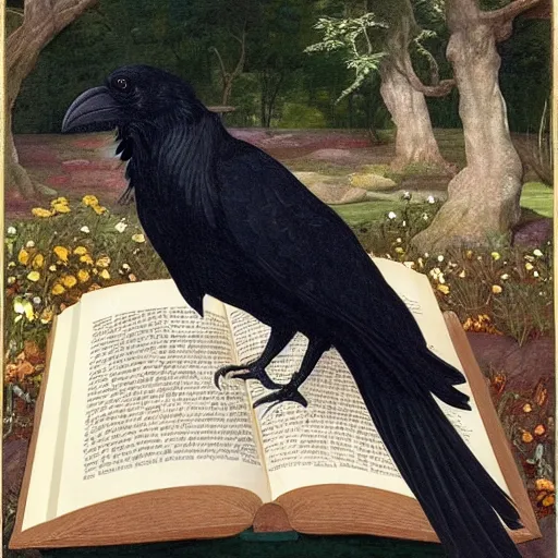 Prompt: beautifully detailed animal portrait of a detailed raven looking at a book laid out on a golden silk cloth, in a serene beautiful stone arched garden at beautiful sunrise by john james audubon and sidney cooper and frederic leighton and rosetti and william morris, 4 k, artstation