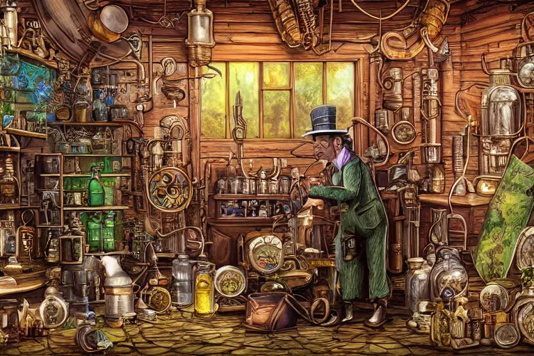 Image similar to Uncle Aloysius, snake oil salesman, wild west crypto pharmaceutical industrialist locomotive petroleum apothecary alchemist tinkerer engineer, cute, fantasy, intricate, elegant, highly detailed, digital painting, 4k, HDR, concept art, smooth, sharp focus, illustration, purple green color scheme, art by Ed Roth and H R Giger and Greg Rutowski and Lisa Frank