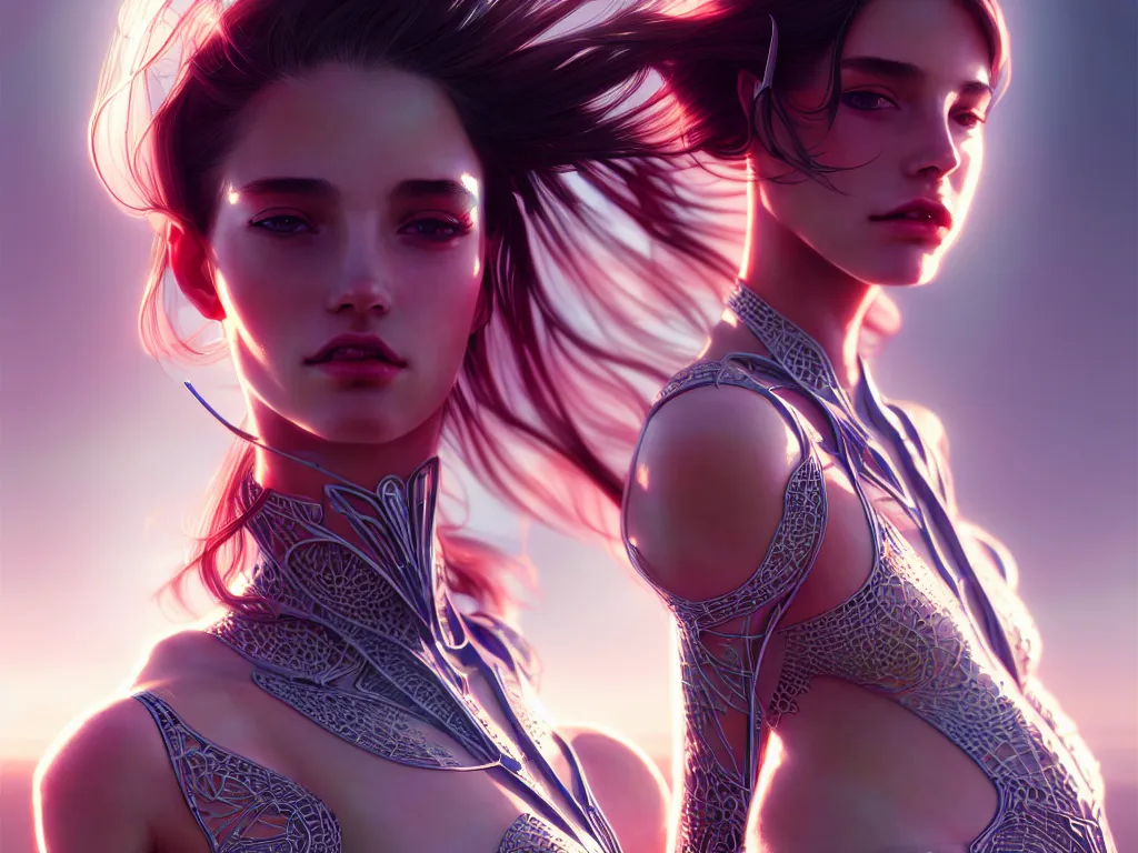 Image similar to portrait futuristic spain model girl, beautiful body, at future neon light rooftop, ssci - fi and fantasy, intricate and very very beautiful and elegant, highly detailed, digital painting, artstation, concept art, smooth and sharp focus, illustration, art by tan zi and ayanamikodon and alphonse mucha and wlop