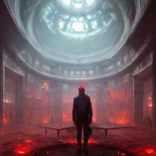 Image similar to concept art by greg rutkowski, a futuristic large inner garden under a great dome, desolate, covered in reddish slime on all sides, uncanny atmosphere, low light, scary atmosphere, scifi, highly detailed portrait, digital painting, artstation, concept art, smooth, sharp foccus ilustration, artstation hq