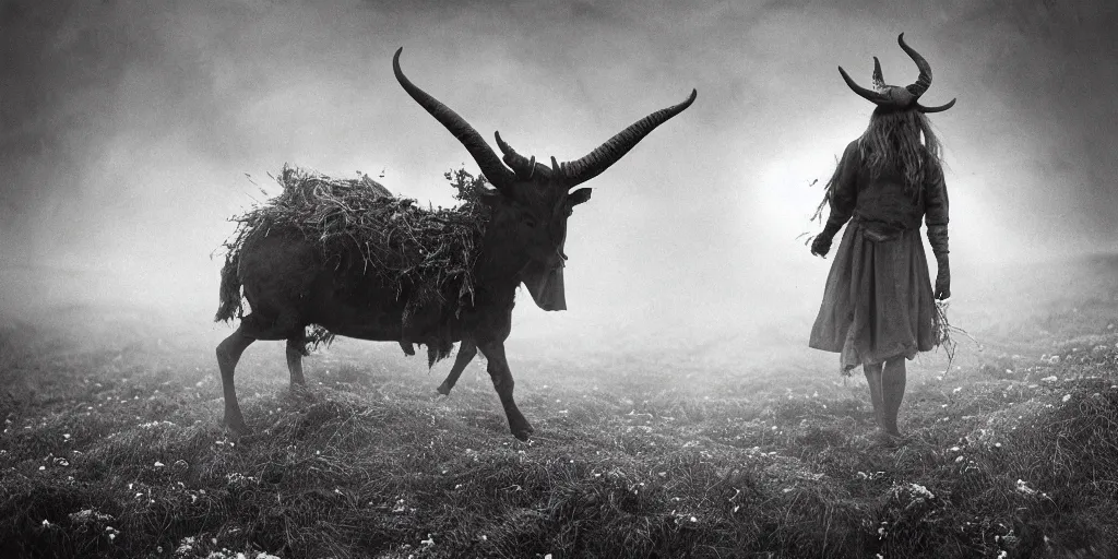 Prompt: portrait photography of flying tyrolean alpine female farmer, hovering over the ground, horns on head, roots and edelweiss growing from head, fog, clothes made from hay, desaturated, fog, witch, wicca, 1. 2 f, 3 5 mm, dark, eerie, 1 9 2 0 s ghost photography