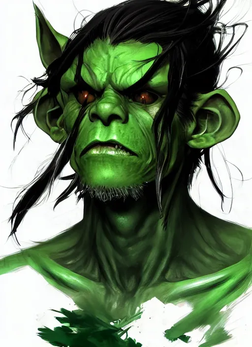 Prompt: portrait of a green skin handsome goblin mechanic with long black hair. in style of yoji shinkawa and hyung - tae kim, trending on artstation, dark fantasy, great composition, concept art, highly detailed, dynamic pose, vibrant colours.