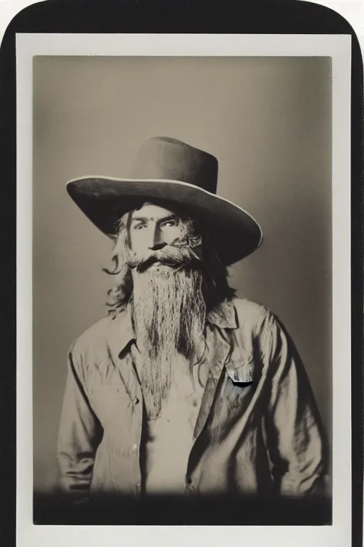 Prompt: polaroid photograph of cowboy sherrif resembling yosemite sam with huge hat, huge mustache, orange colors