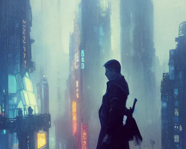 Image similar to 2 0 1 8 blade runner movie still man look at the cityscape from roof perfect face fine realistic face pretty face neon puffy jacket blue futuristic sci - fi elegant by denis villeneuve tom anders zorn hans dragan bibin thoma greg rutkowski ismail inceoglu illustrated sand storm alphonse mucha