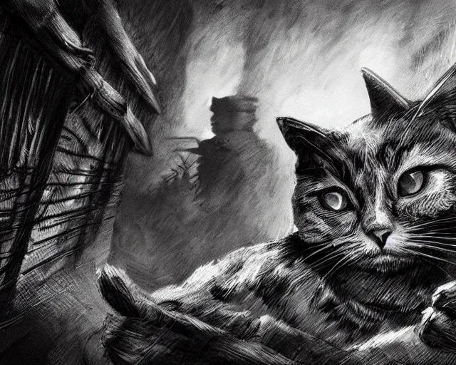 Image similar to A cat as a soldier in a world war 1 trench, close-up, black and white, amazing digital art, hyper detailed, artstation, in the style of Tony Sart