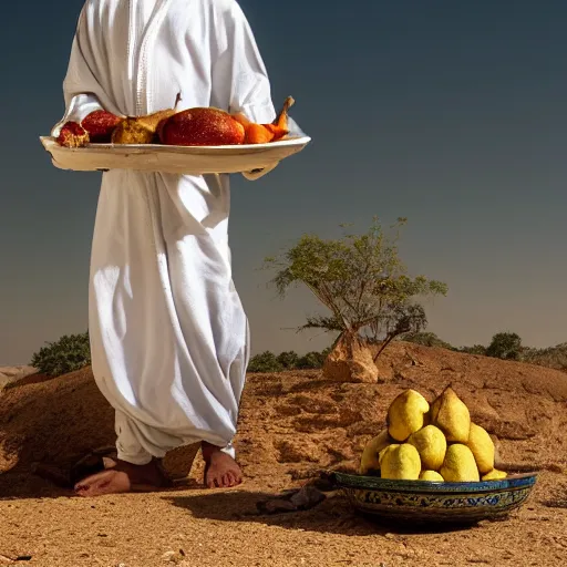 Image similar to 18 year old middle eastern skinned man in ancient Canaanite clothing holding a plate of rotten fruit. A 22 year old middle eastern skinned man in ancient Canaanite clothing carrying a beautiful goat, dramatic angle, 8k hdr pixiv dslr photo