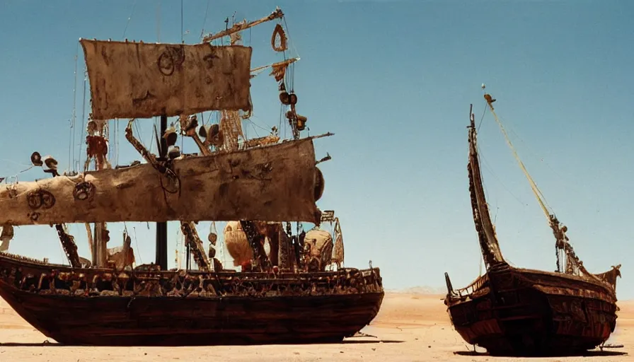 Prompt: movie still by alejandro jodorowsky of a pirate ship in the desert, cinestill 8 0 0 t eastmancolor technicolor, high quality, very detailed, heavy grain, fine facial features, 8 k, octane render