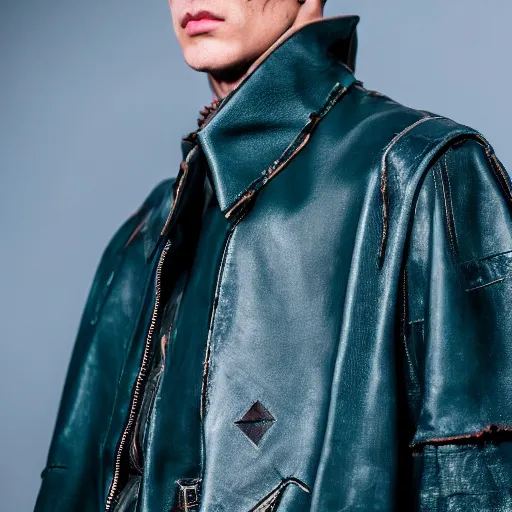 Image similar to a closeup photo of a male model wearing a baggy teal distressed medieval leather menswear jacket by boris issey miyake, 4 k, studio lighting, wide angle lens