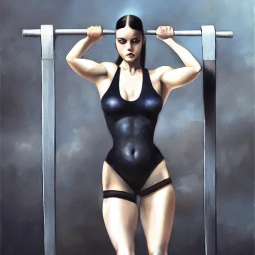 Prompt: painting of a very beautiful girl with muscles lifting weights, by tom bagshaw, greg rutkowski, wlop