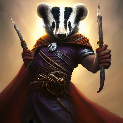 Prompt: Badger healer, spell, magic the gathering artwork, D&D, fantasy, cinematic lighting, centered, symmetrical, highly detailed, digital painting, artstation, concept art, smooth, sharp focus, illustration, volumetric lighting, epic Composition, 8k, art by Akihiko Yoshida and Greg Rutkowski and Craig Mullins, oil painting, cgsociety