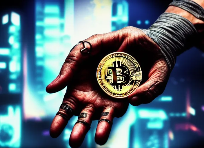 Prompt: terminator's hand holding a bitcoin between two fingers. centered. horror cyberpunk dystopia style. highly detailed 8 k. intricate. nikon d 8 5 0 3 5 mm. award winning photography.